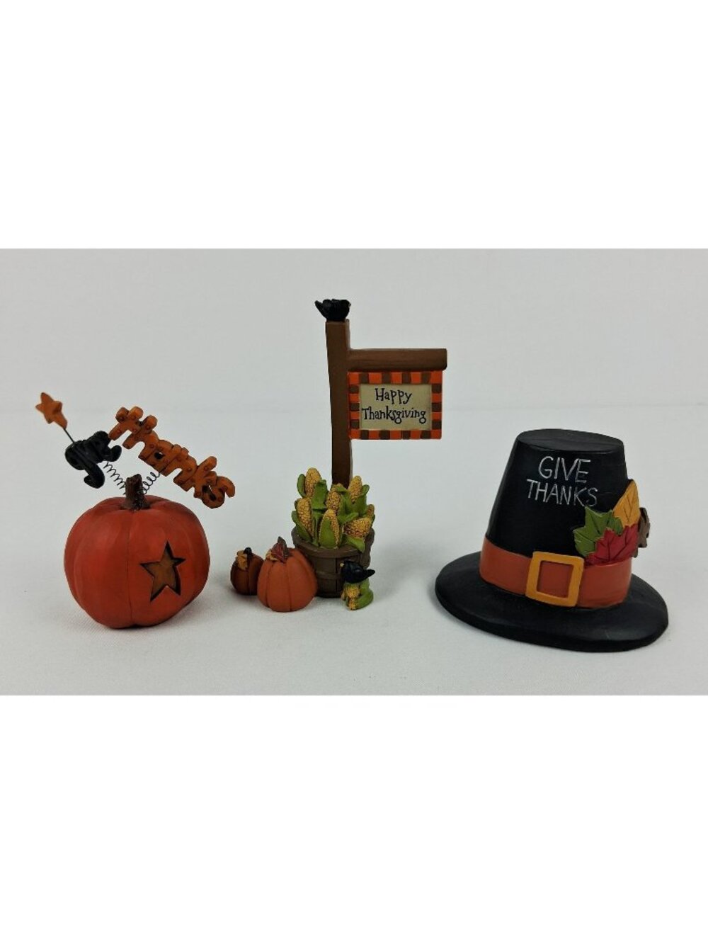 Thanksgiving Figurine Set of 3 Pumpkin Pilgrim Hat & Corn Basket Blossom Bucket